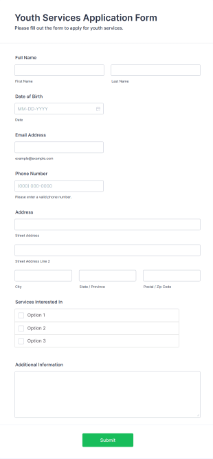 Youth Services Application Form Form Template