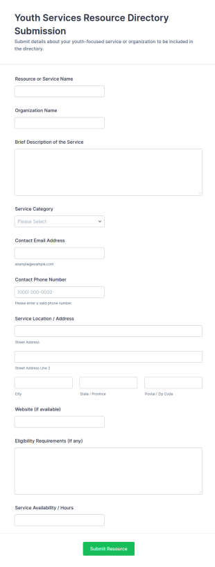 Youth Services Resource Directory Submission Form Template