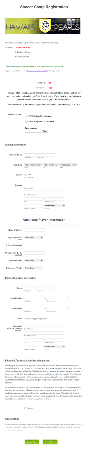 Youth Soccer Camp Registration Form Template