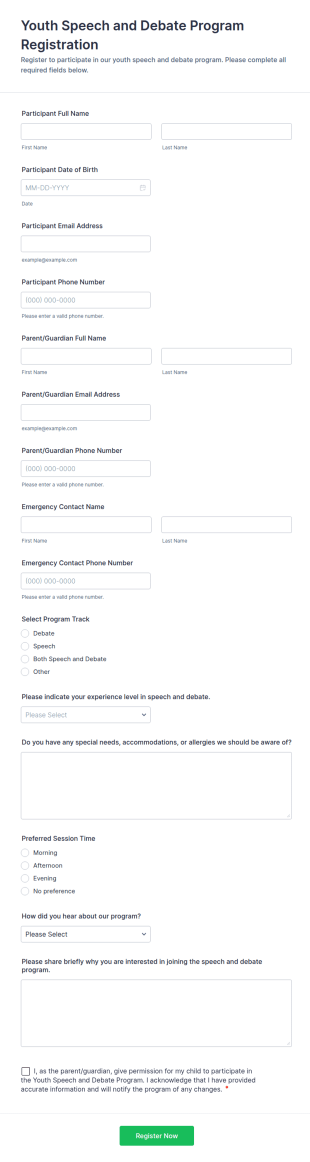 Youth Speech And Debate Program Registration Form Template