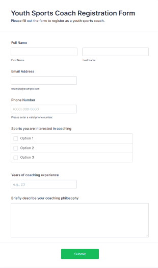 Youth Sports Coach Registration Form Form Template