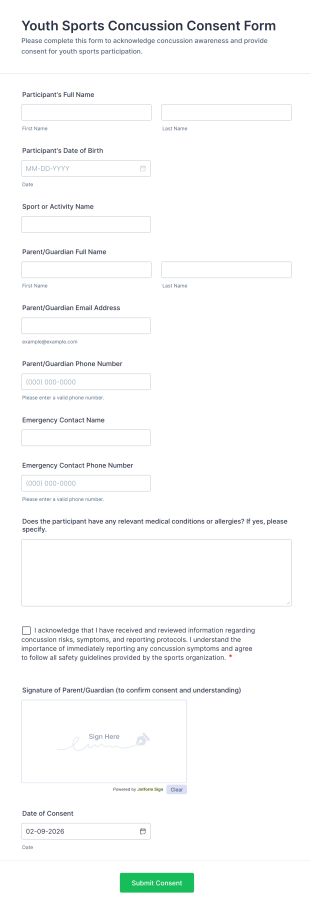 Youth Sports Concussion Consent Form Template