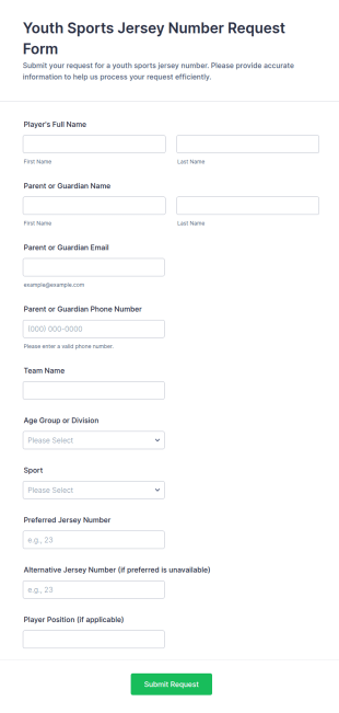 Youth Sports Jersey Number Request Form Template