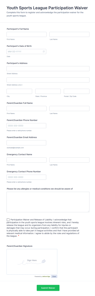 Youth Sports League Participation Waiver Form Template