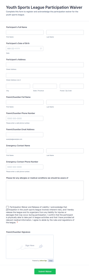 Youth Sports League Participation Waiver Form Template
