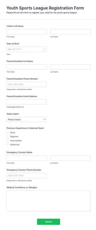 Youth Sports League Registration Form Template