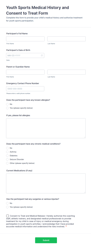 Youth Sports Medical History And Consent To Treat Form Template