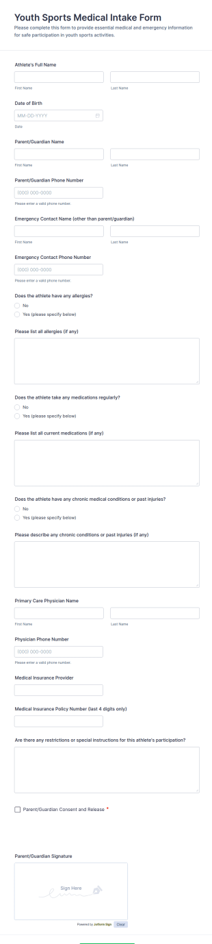 Youth Sports Medical Intake Form Template