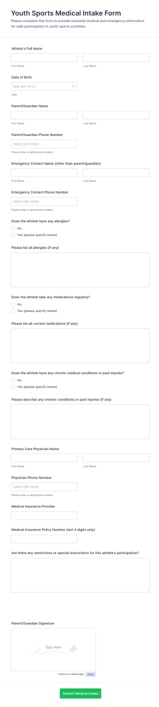 Youth Sports Medical Intake Form Template