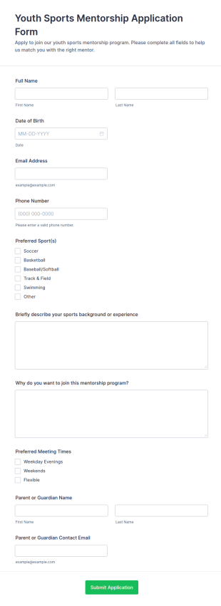Youth Sports Mentorship Application Form Template