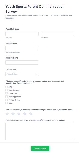 Youth Sports Parent Communication Survey Form Template
