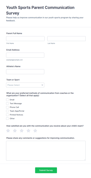 Youth Sports Parent Communication Survey Form Template