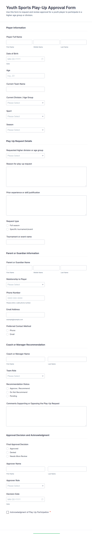 Youth Sports Play Up Approval Form Template