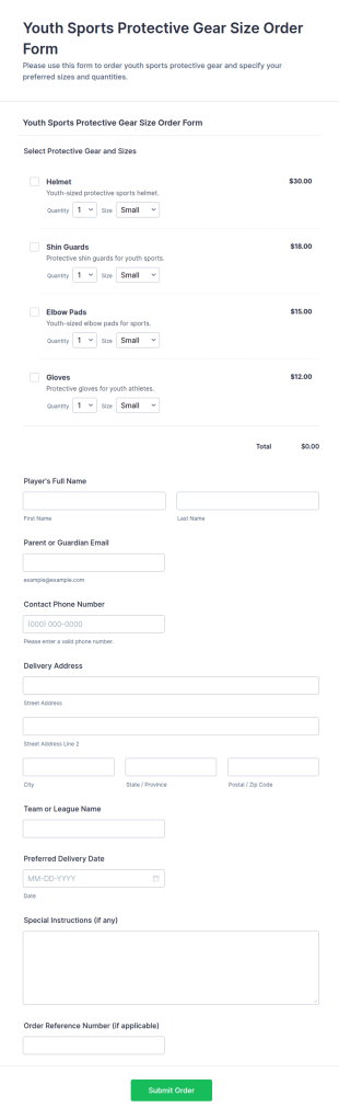 Youth Sports Protective Gear Size Order Form Template