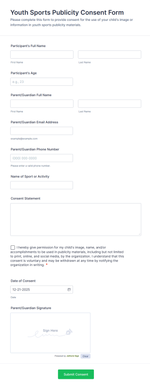 Youth Sports Publicity Consent Form Template