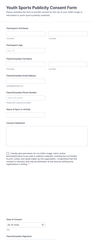 Youth Sports Publicity Consent Form Template