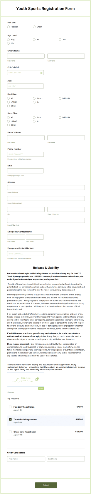 Youth Sports Registration Form Template