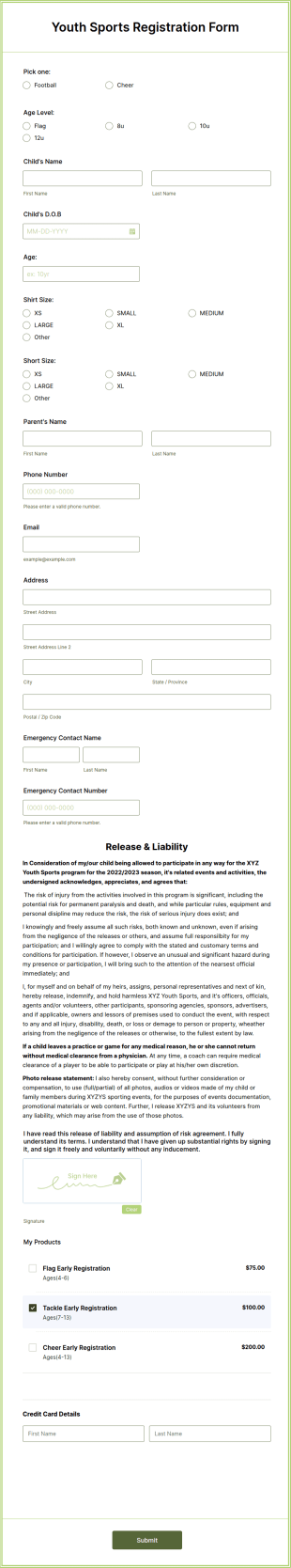 Youth Sports Registration Form Template