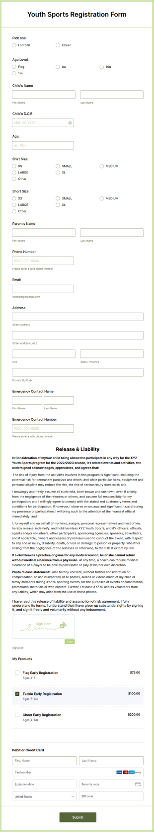 Youth Sports Registration Form Template