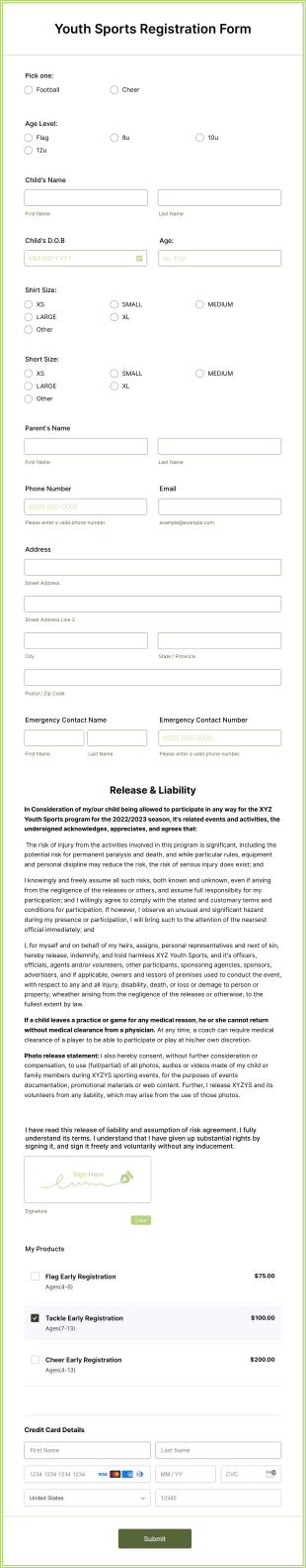Youth Sports Registration Form Template