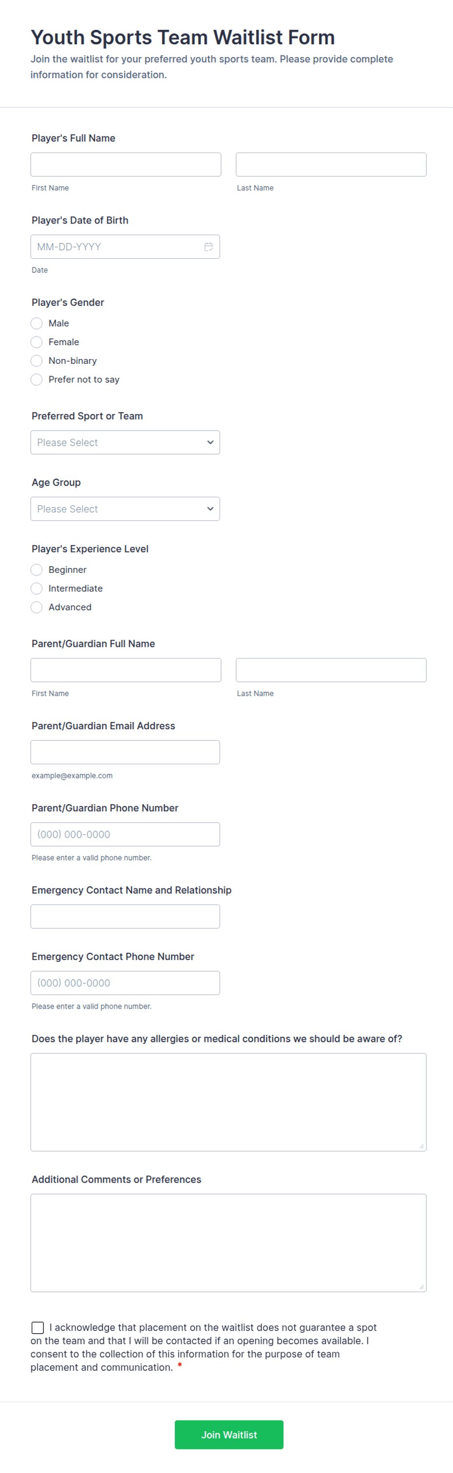 Youth Sports Team Waitlist Form Template | Jotform