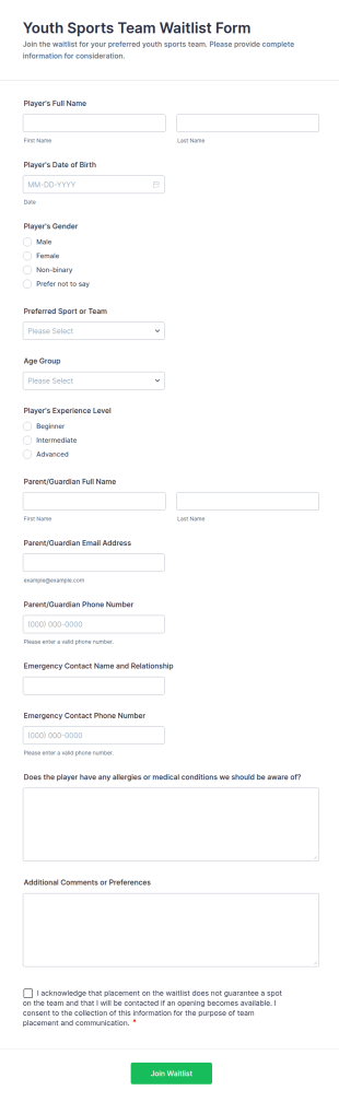 Youth Sports Team Waitlist Form Template