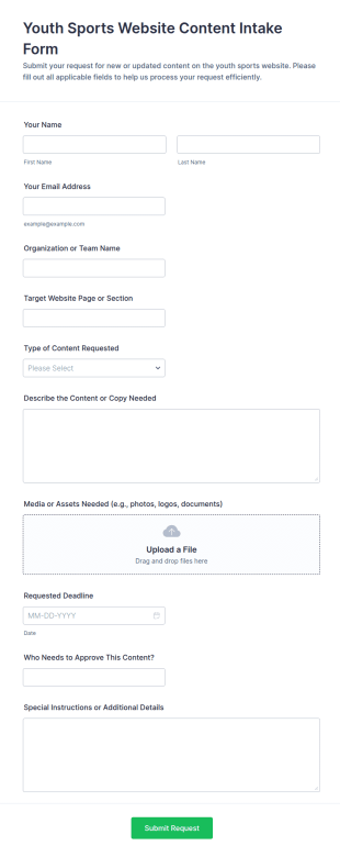 Youth Sports Website Content Intake Form Template