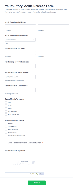 Youth Story Media Release Form Template