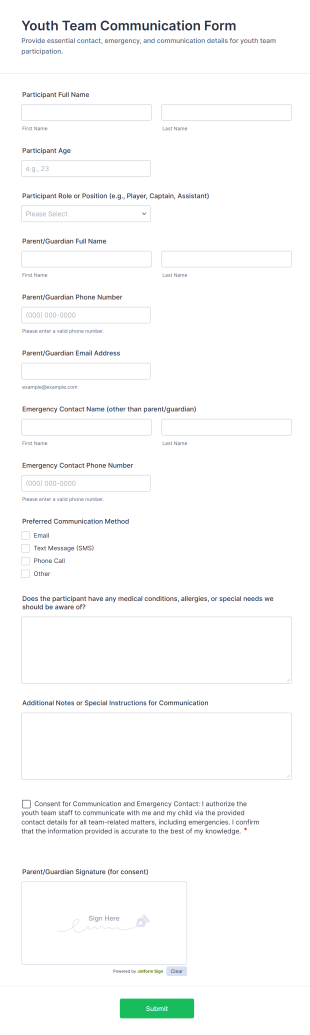 Youth Team Communication Form Template