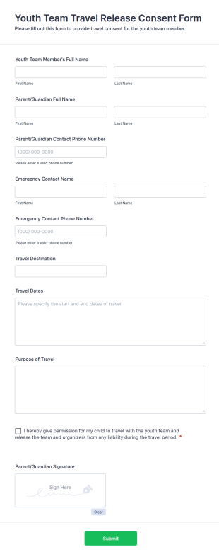 Youth Team Travel Release Consent Form Template