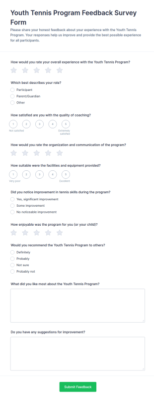 Youth Tennis Program Feedback Survey Form Template