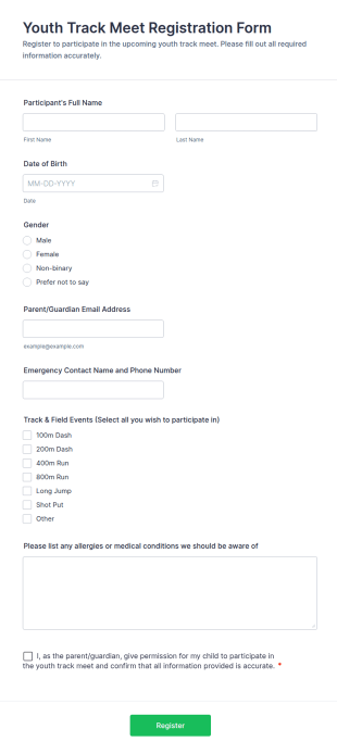 Youth Track Meet Registration Form Template