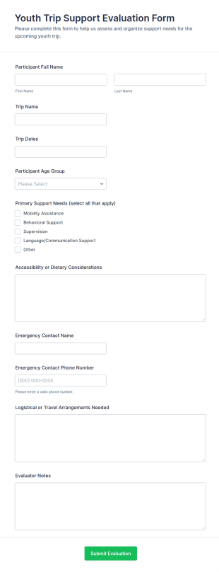 Youth Trip Support Evaluation Form Template