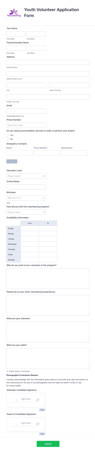 Youth Volunteer Application Form Template