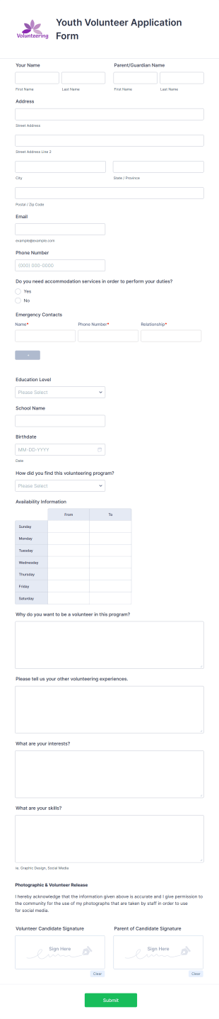 Youth Volunteer Application Form Template