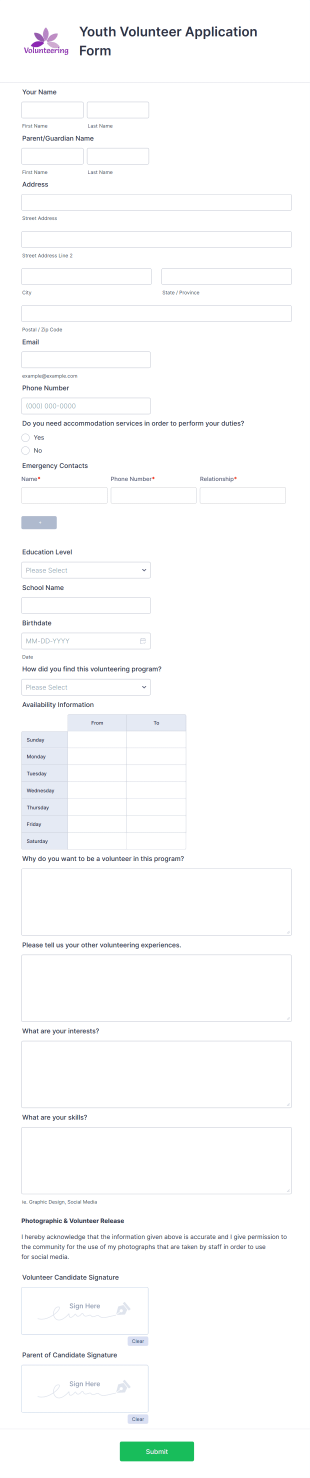 Youth Volunteer Application Form Template