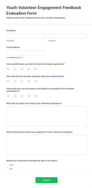 Youth Volunteer Engagement Feedback Evaluation Form Template