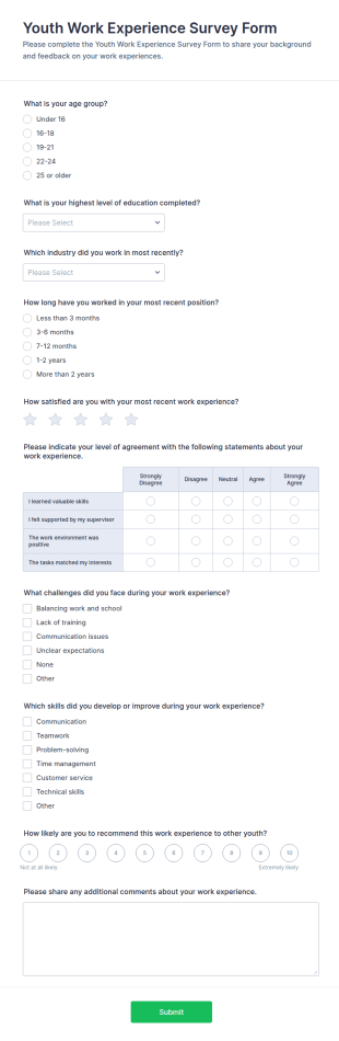 Youth Work Experience Survey Form Template