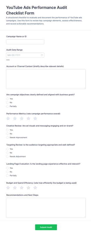YouTube Ads Performance Audit Checklist Form Template
