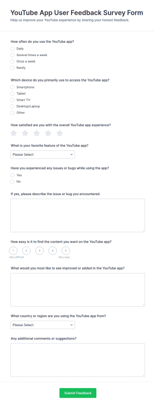 YouTube App User Feedback Survey Form Template