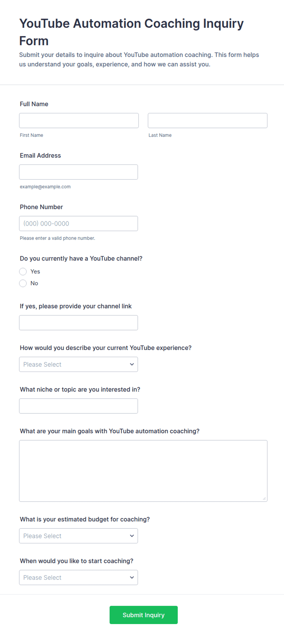 YouTube Automation Coaching Inquiry Form Template | Jotform