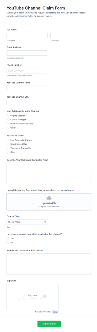 YouTube Channel Claim Form Template