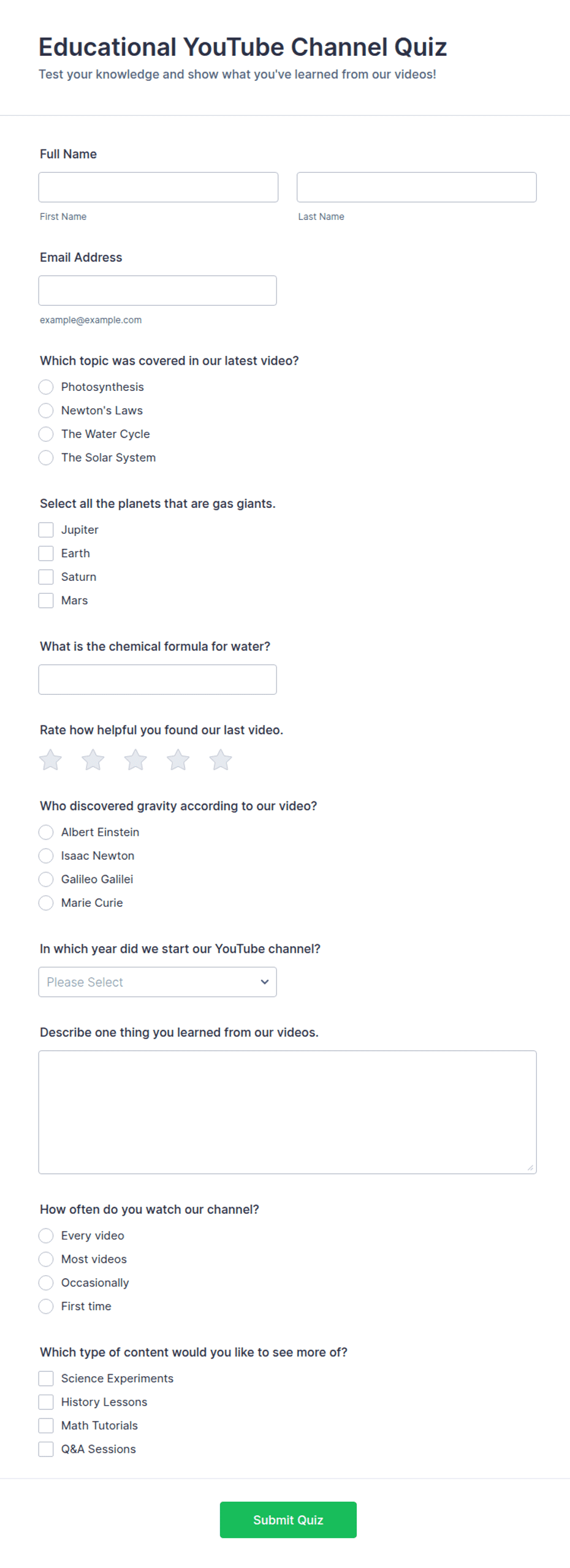 YouTube Channel Quiz Submission Form Template | Jotform