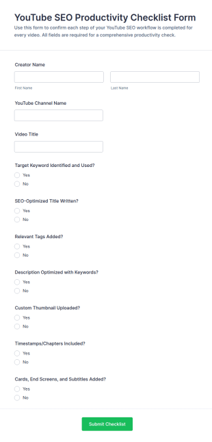 YouTube SEO Productivity Checklist Form Template