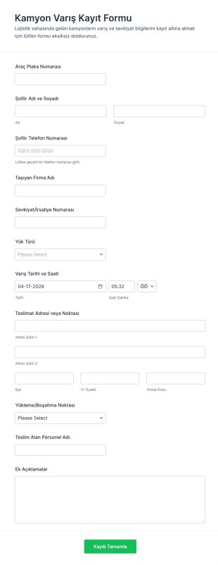 Yük Arabası Geliş Kaydı Formu 🚚 Form Şablonu