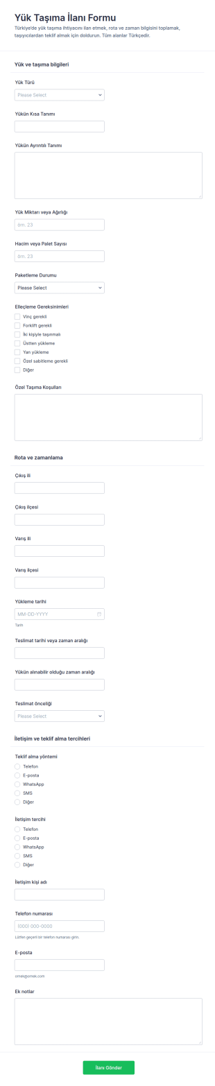 Yük Taşıma Gönderim Form Şablonu