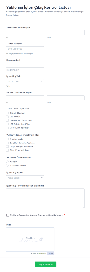 Yüklenici İşten Çıkış Kontrol Listesi Form Şablonu