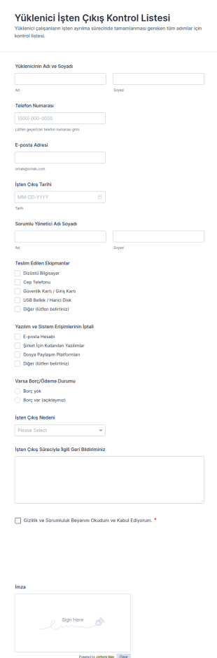 Yüklenici İşten Çıkış Kontrol Listesi Form Şablonu