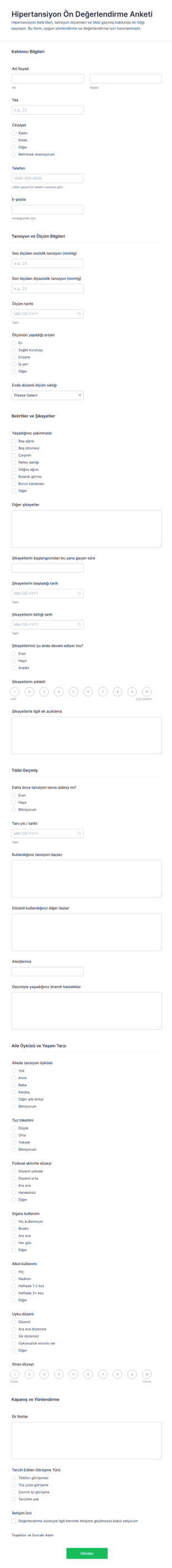 Yükseklik Hipertansiyon Ön Değerlendirme Anketi Form Şablonu