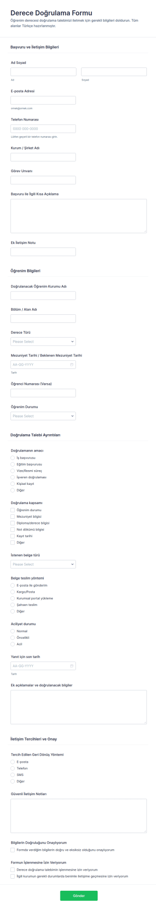 Yükseköğrenim Belgesi Doğrulama Formu 🎓 Form Şablonu